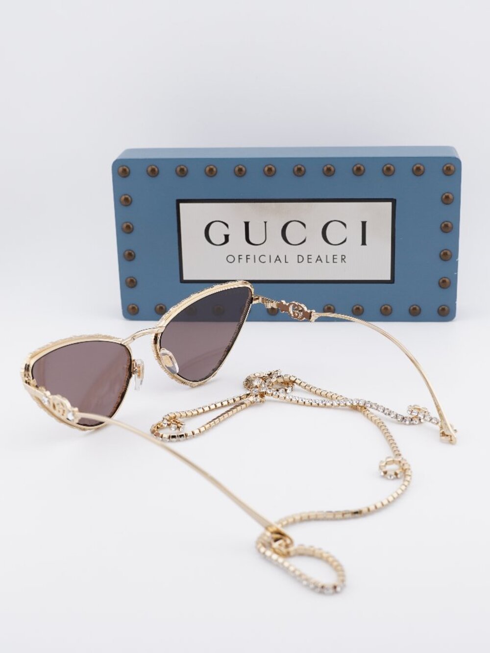Gucci GG1569S 001 Cat Eye Sunglasses - Gold with White Stone / Brown - Picture 6 of 12